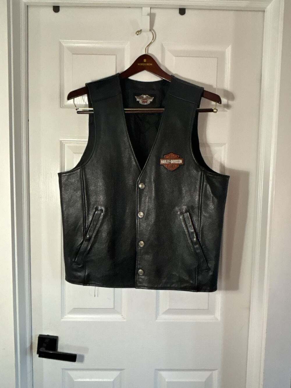 Harley-Davidson Black Leather Vest Men's Size L Embroidered Logo Snap Front
